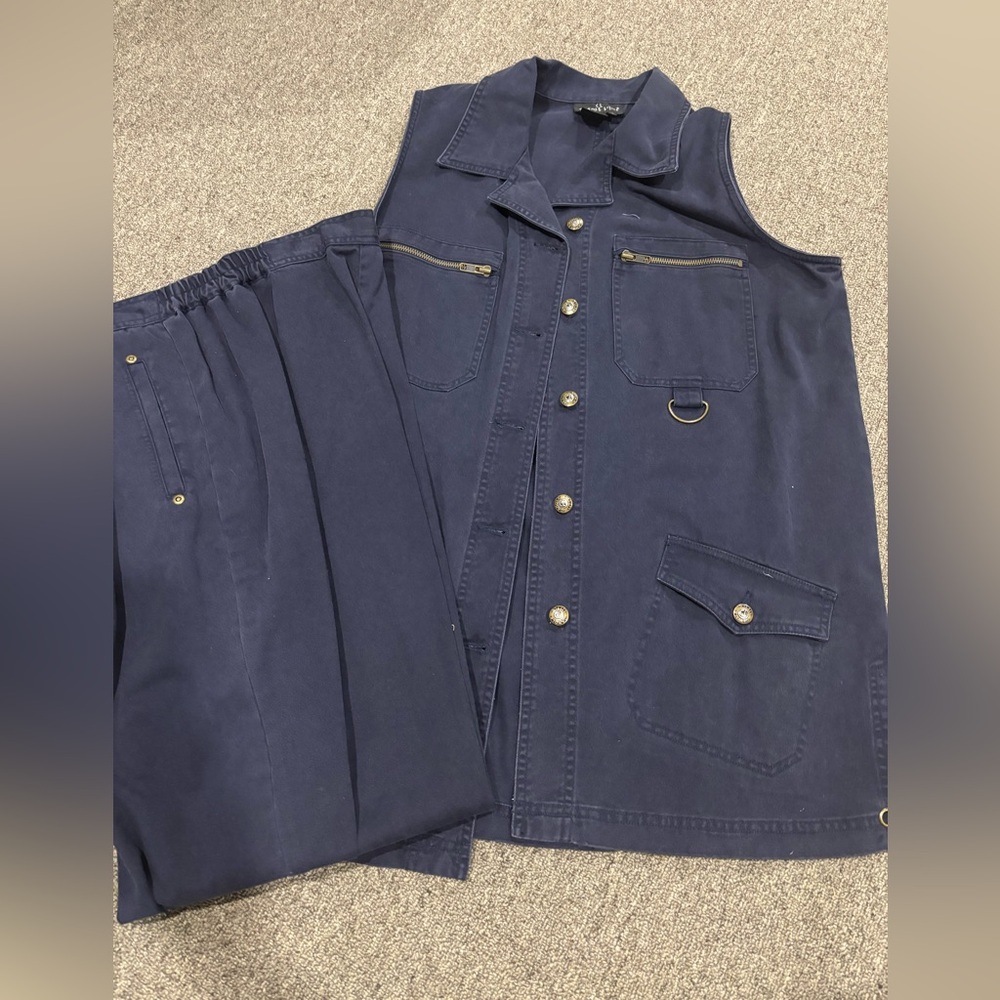 Vintage Carole Little Sport 100% cotton navy pants set vest 14 XL